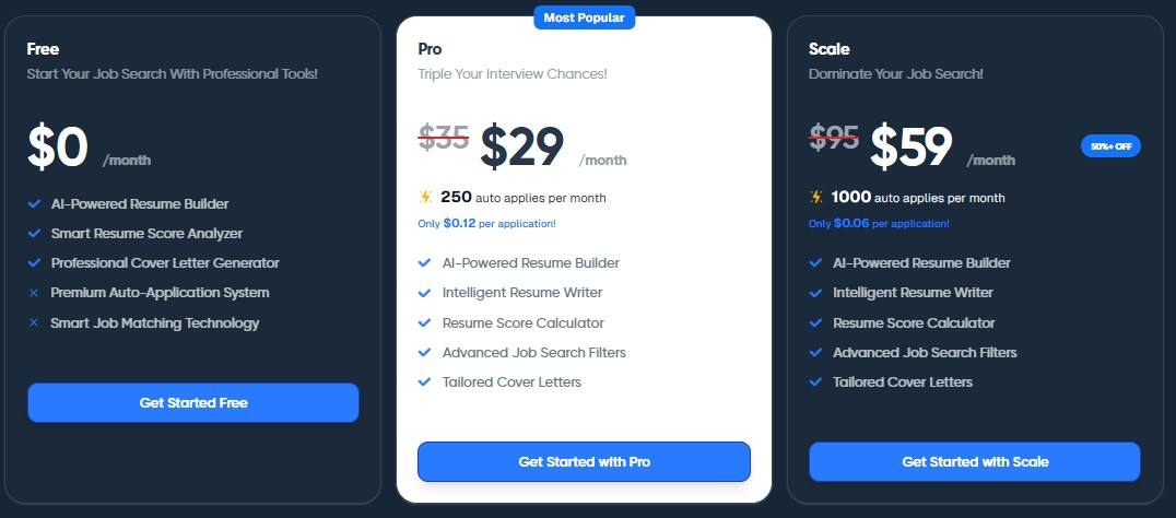 Apply Hero pricing screenshot with Free, Pro, and Scale plans.