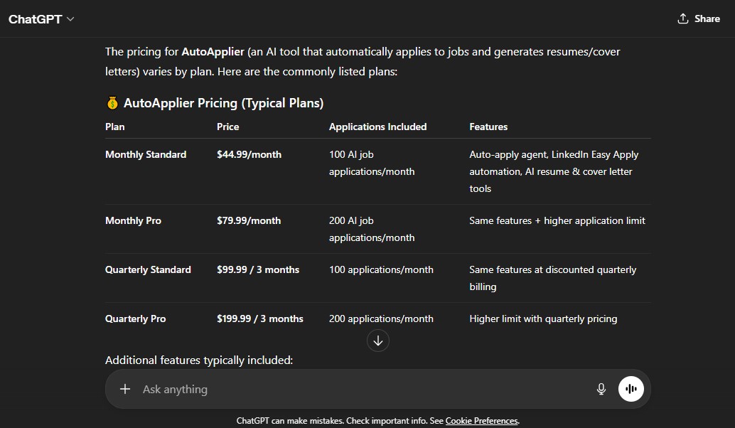 Comparison of AutoApplier pricing plans.