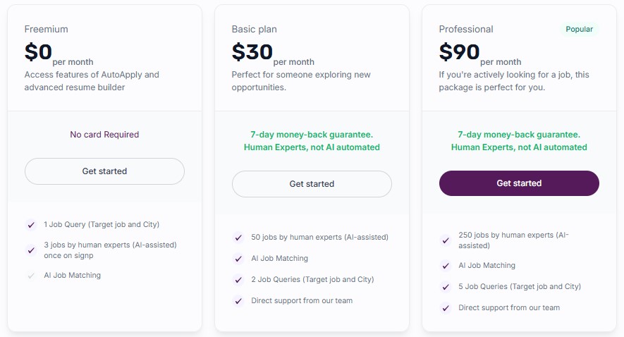 Comparison of 3 AutoApply.Jobs pricing plans.