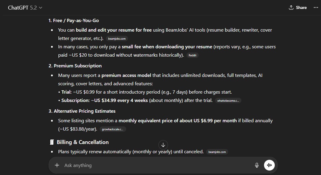 Comparison of BeamJobs pricing plans.
