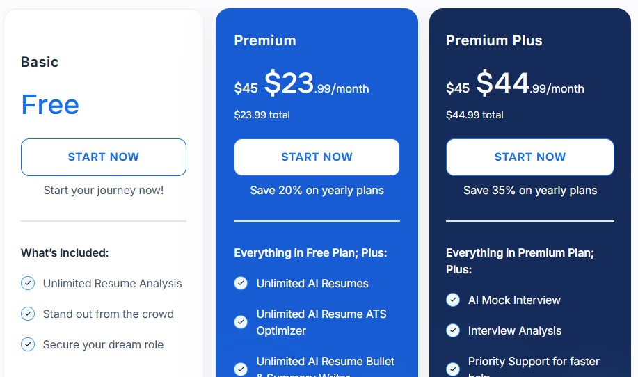 Comparison of 3 Careerflow pricing plans.