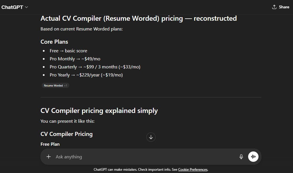 Comparison of CV Compiler (Resume Worded) pricing plans.