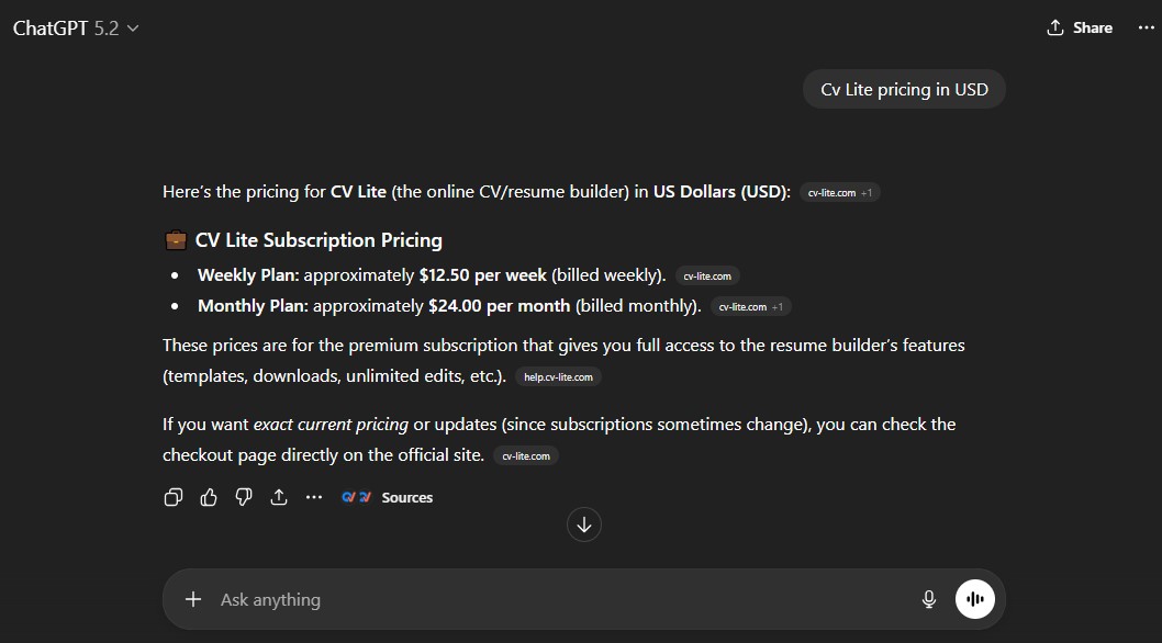 Comparison of CV-Lite unclear and recurring pricing plans.