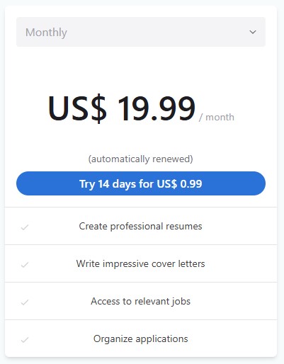 CVWizard pricing showing one monthly plan and a trial option.