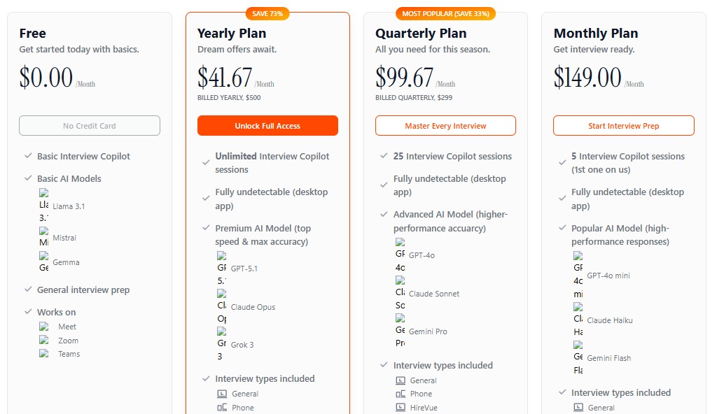 Comparison of 4 Final Round AI pricing plans.