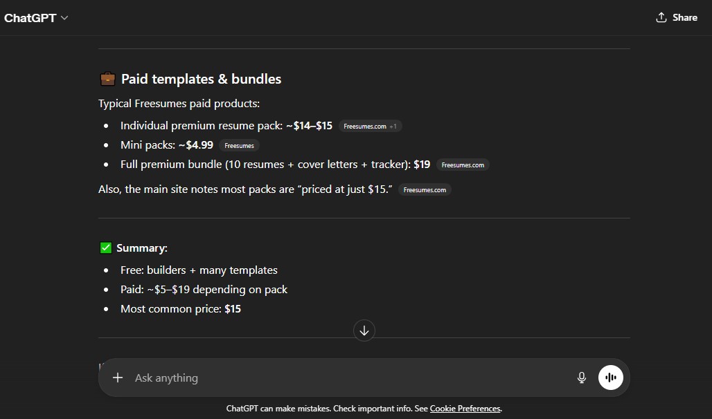 Comparison of Freesumes pricing plans.