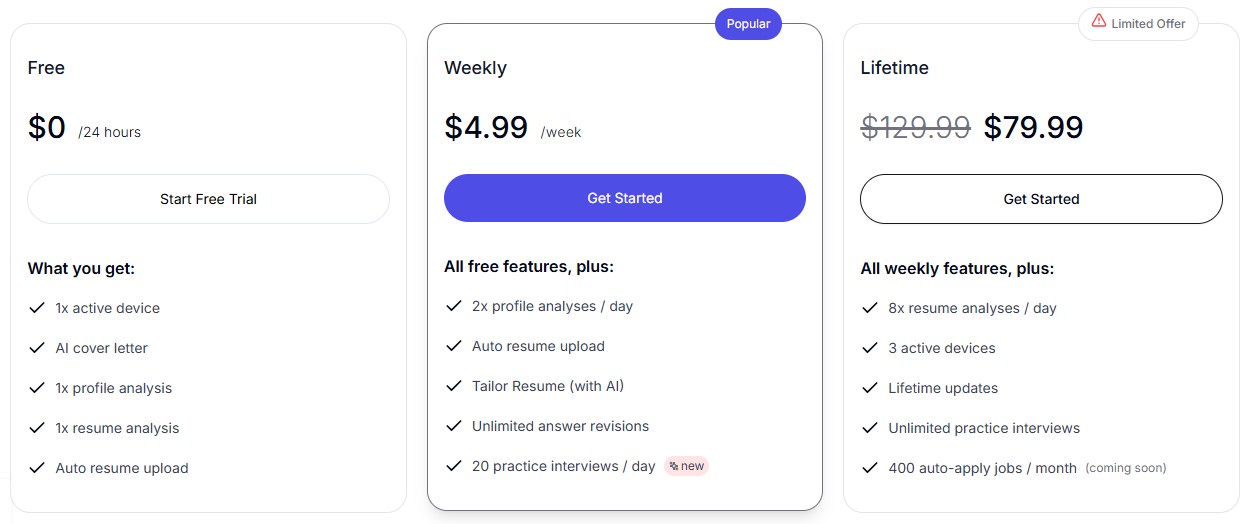 Comparison of 3 Instaapply pricing plans.
