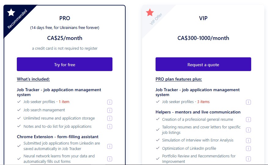 Comparison of Job Autopilot PRO and VIP pricing plans.