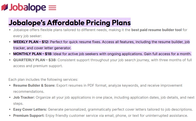 Comparison of 3 Jobalope pricing plans.