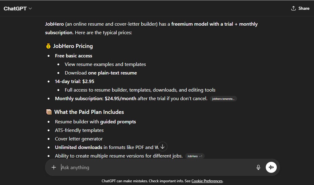 Comparison of JobHero pricing plans.