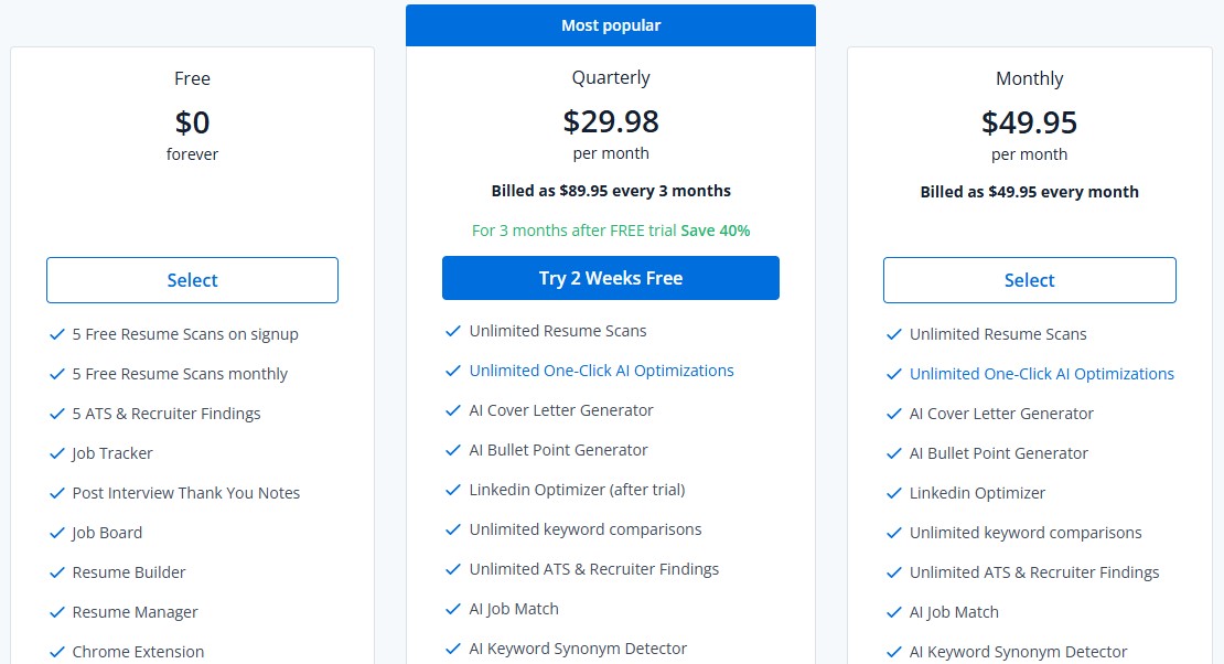 Comparison of 3 Jobscan pricing plans.