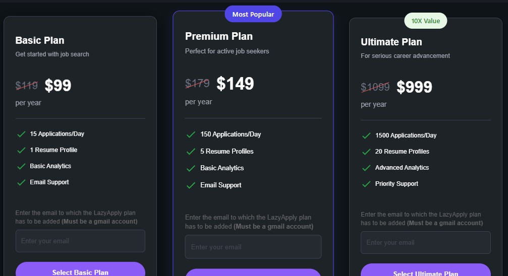 Comparison of LazyApply pricing plans.