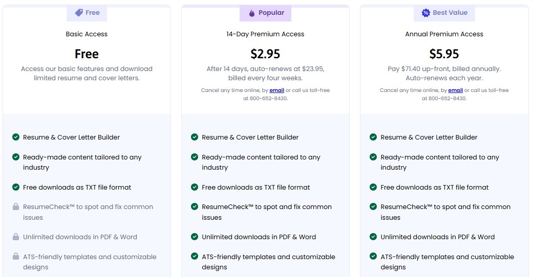 Livecareer pricing screenshot.