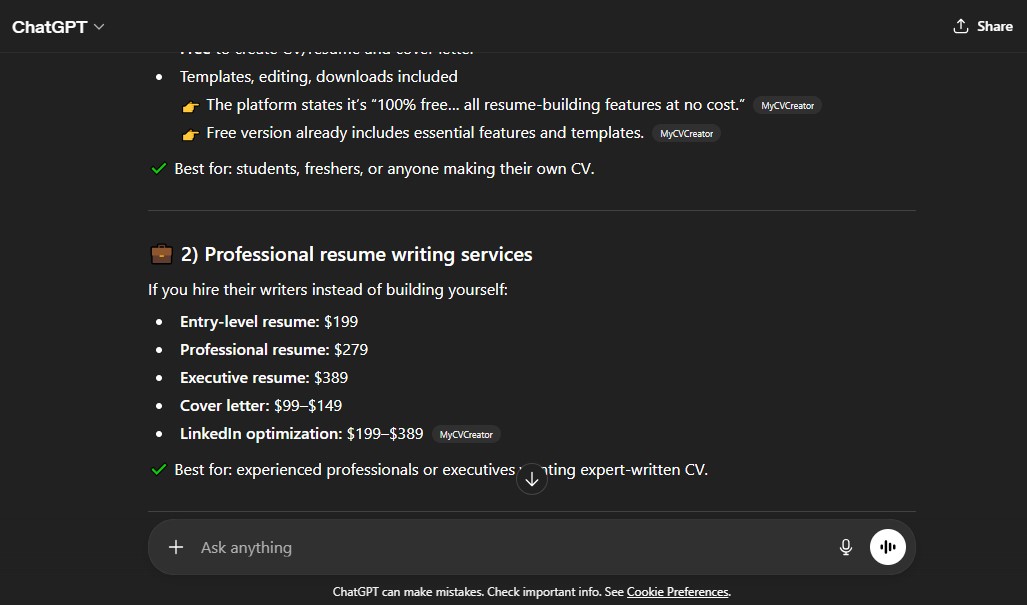 Comparison of MyCVCreator pricing plans.