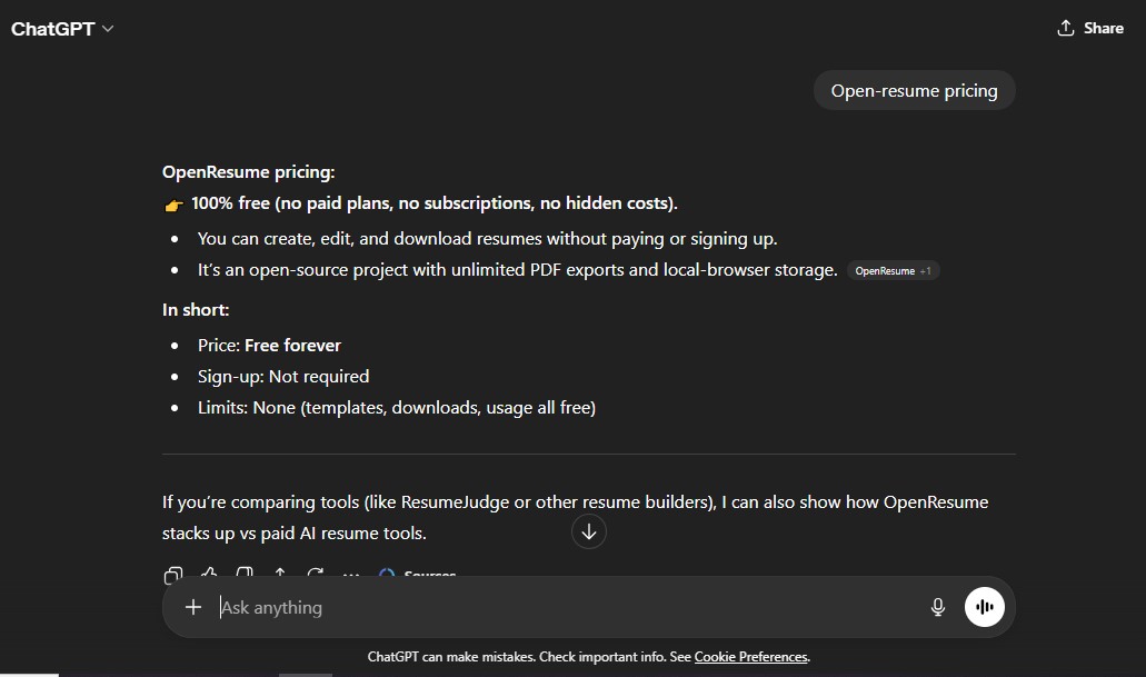 Comparison of Open-resume pricing plans: every feature, forever free!