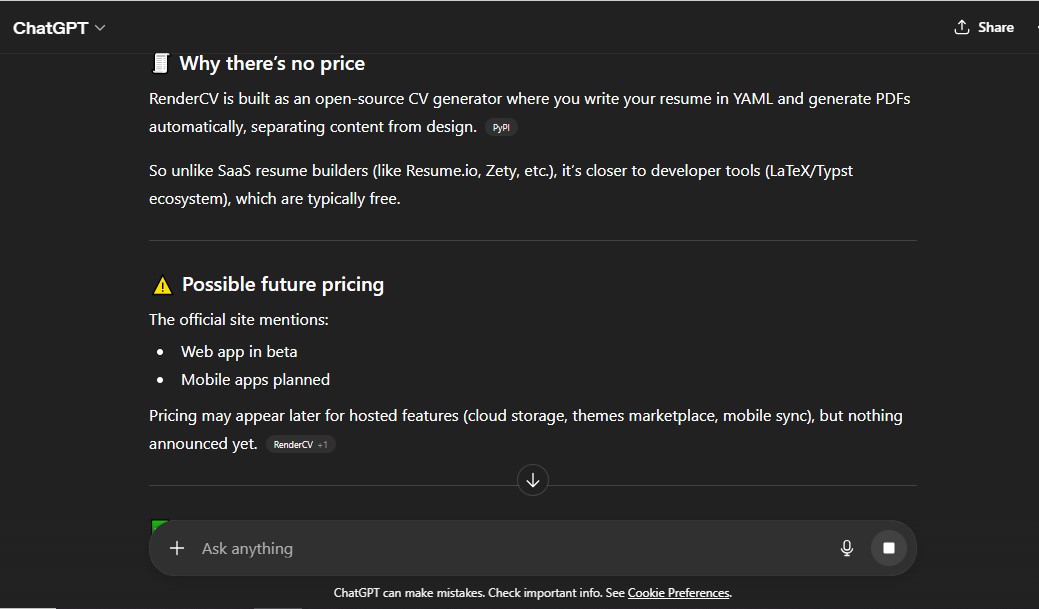No clear RenderCV pricing means no trust or predictability.
