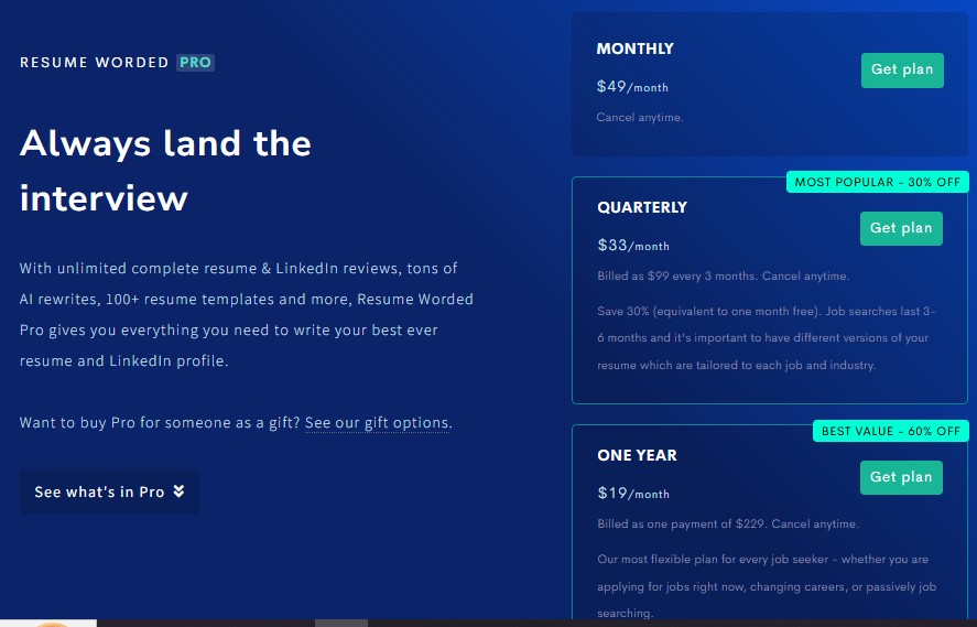 Comparison of all Resume Worded pricing plans.