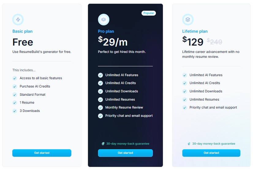 Comparison of 3 ResumeBuild.ai pricing plans.