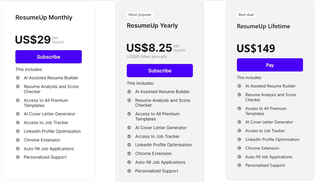 Comparison of 3 ResumeUp AI pricing plans.