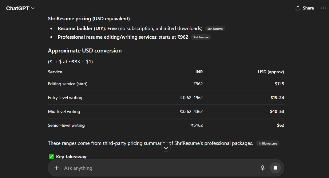 Shriresume pricing: One-time payments, not obvious US pricing, complicated on experience.