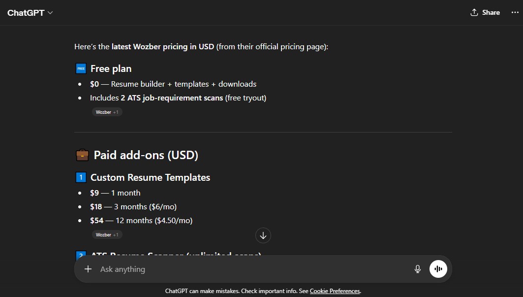 Wozber pricing screenshot.